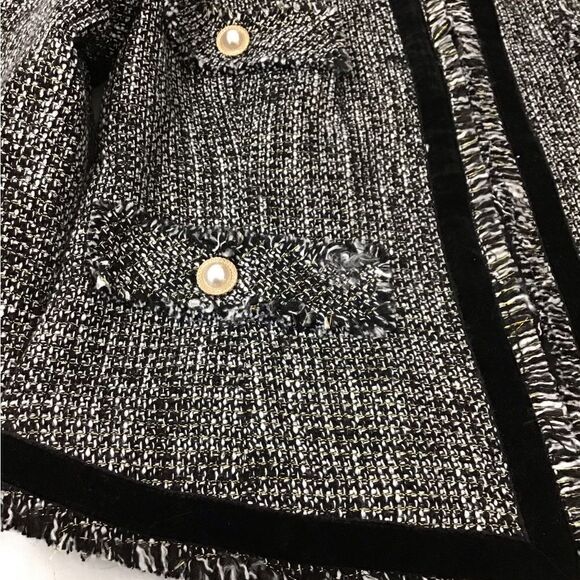 LUXY USA Black Tweed Collarless Fringe Trim Blazer New Size Medium - Picture 5 of 10